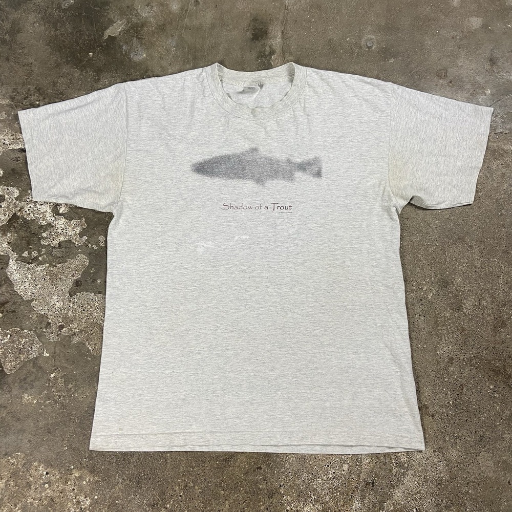 Vintage 90s Murina Shadow Of A Trout T-Shirt Size XL Gray Funny Fishing Graphic